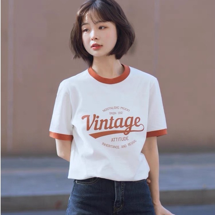 Áo thun nữ ngắn tay bo viền JULY, Áo phông nữ in hình dể thương phong cách hàn quốc, Chất Cotton mềm mát