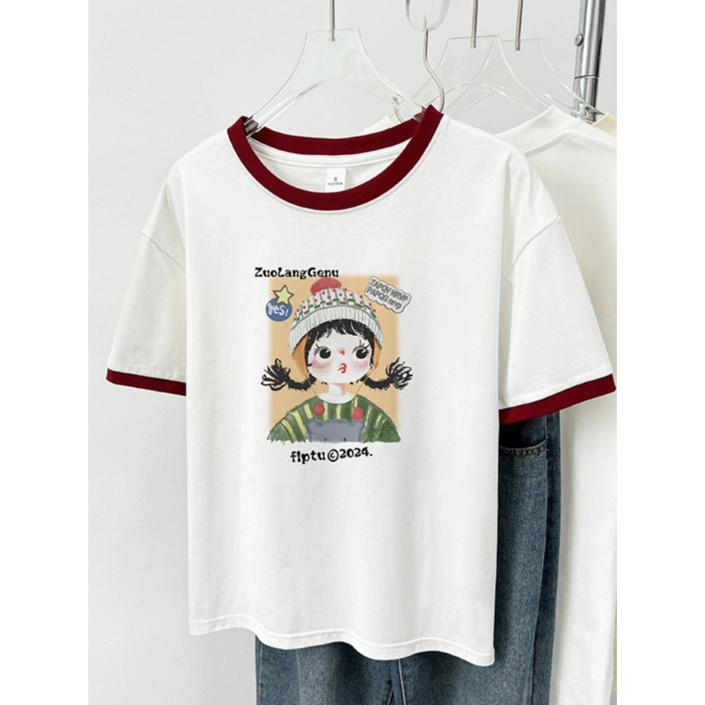 Áo thun nữ ngắn tay bo viền JULY, Áo phông nữ in hình dể thương phong cách hàn quốc, Chất Cotton mềm mát