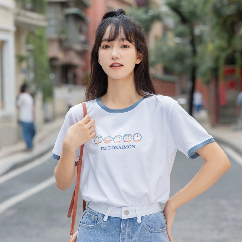 Áo thun nữ ngắn tay bo viền JULY, Áo phông nữ in hình dể thương phong cách hàn quốc, Chất Cotton mềm mát