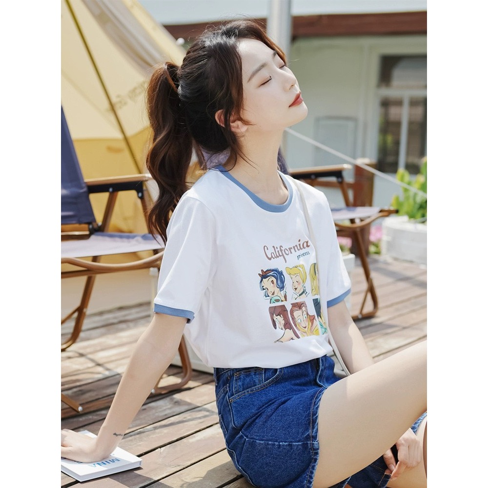 Áo thun nữ ngắn tay bo viền JULY, Áo phông nữ in hình dể thương phong cách hàn quốc, Chất Cotton mềm mát