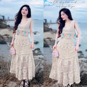 Set ren sợi đi biển nàng thơ 2 món áo croptop kèm chân váy dài A