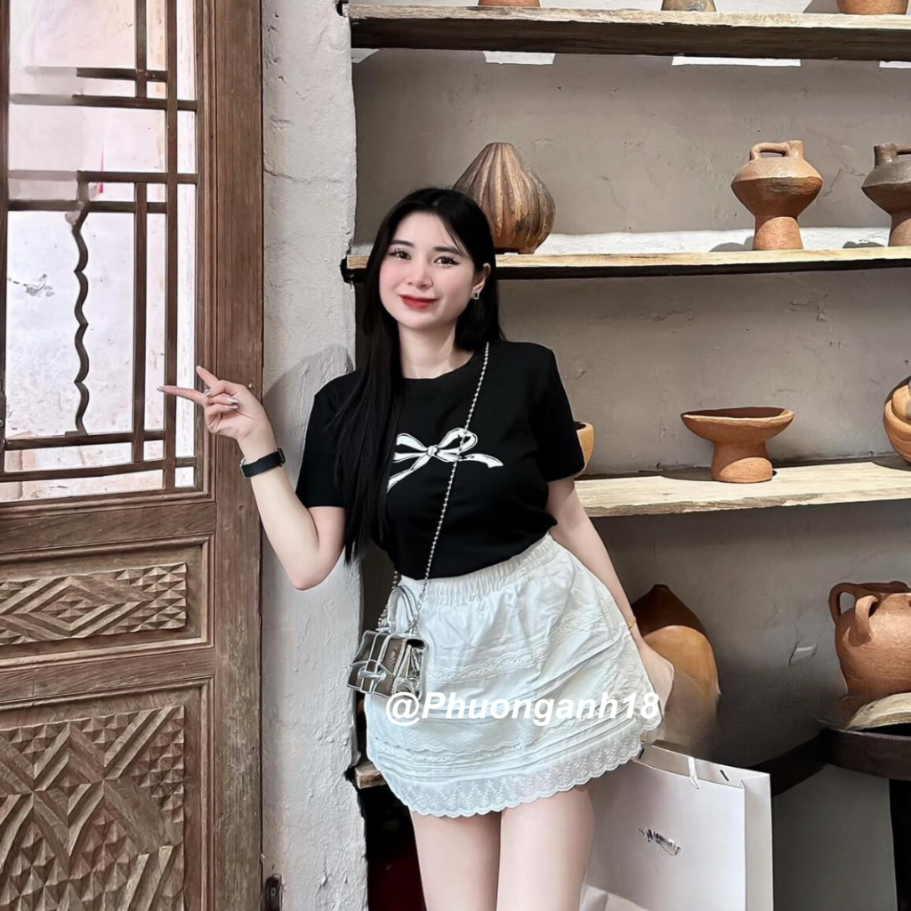 Set áo cotton nơ kèm chân váy hoạ tiết tôn dáng hàng quảng châu L1