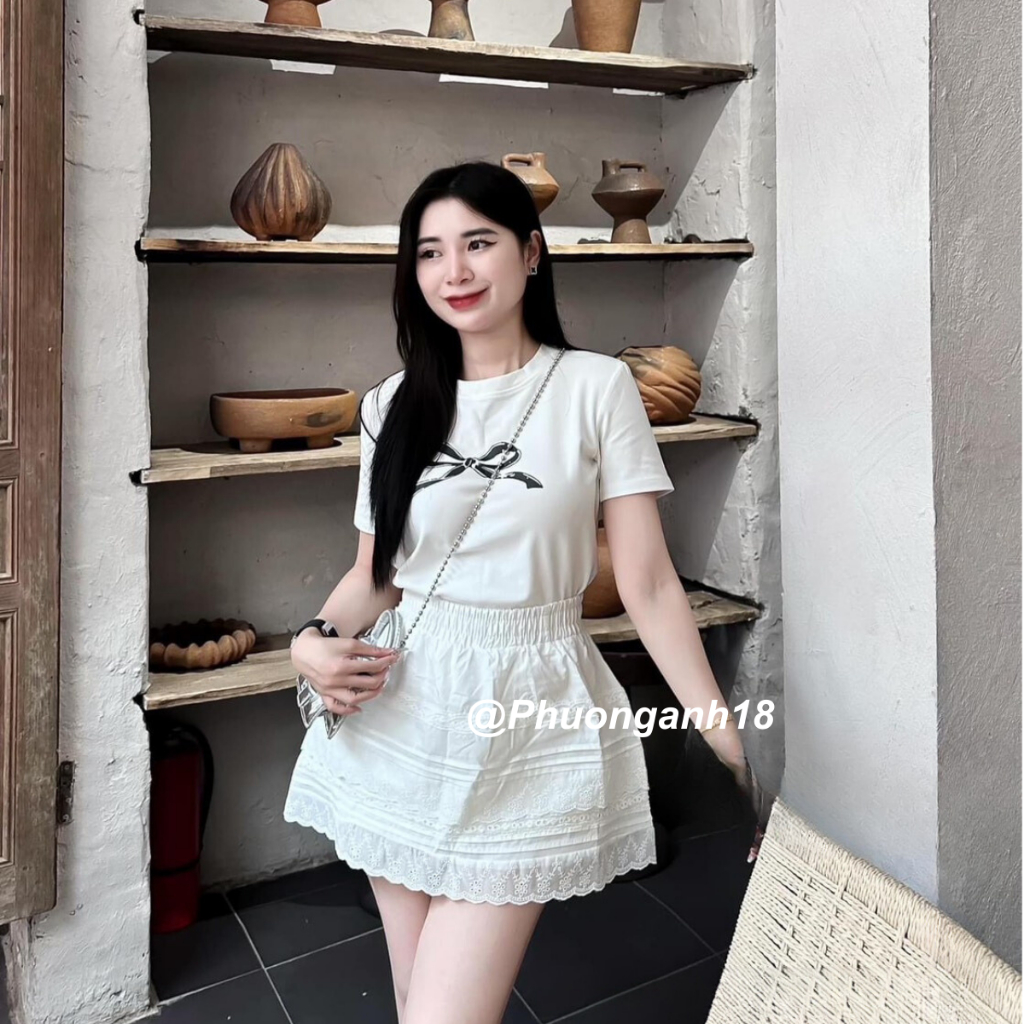 Set áo cotton nơ kèm chân váy hoạ tiết tôn dáng hàng quảng châu L1