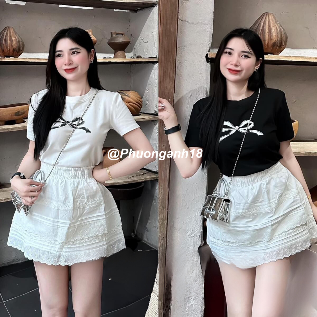 Set áo cotton nơ kèm chân váy hoạ tiết tôn dáng hàng quảng châu L1