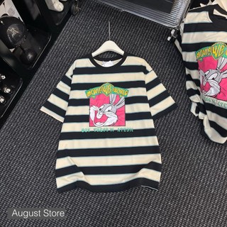 Áo Phông Thỏ Bunny Cute Thun Cộc Tay Họa Tiết Kẻ Ngang Dáng Rộng Giấu Quần Trùm Mông Freesize