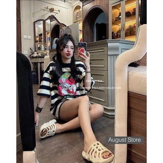 Áo Phông Thỏ Bunny Cute Thun Cộc Tay Họa Tiết Kẻ Ngang Dáng Rộng Giấu Quần Trùm Mông Freesize