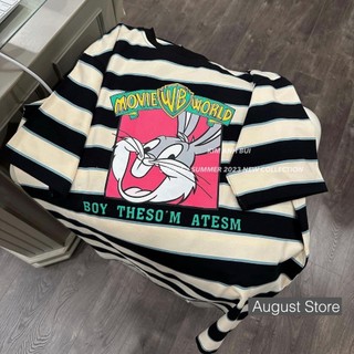 Áo Phông Thỏ Bunny Cute Thun Cộc Tay Họa Tiết Kẻ Ngang Dáng Rộng Giấu Quần Trùm Mông Freesize
