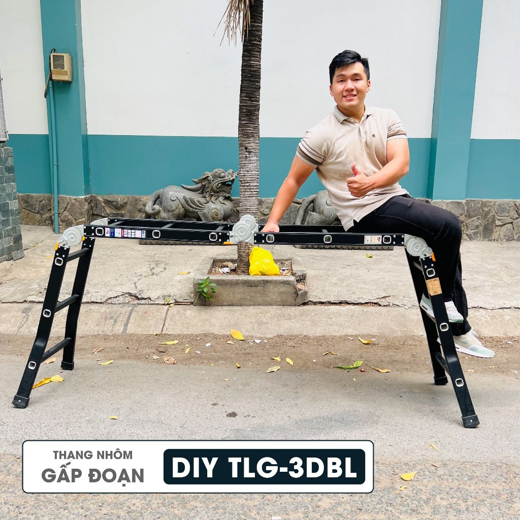 Thang nhôm gấp đoạn cao cấp chân choãi DIY TLG-3DBL chiều cao sử dụng tối đa chữ A 175cm, chữ I 360cm