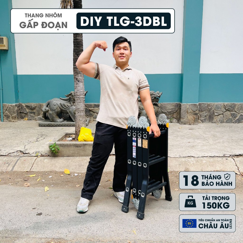 Thang nhôm gấp đoạn cao cấp chân choãi DIY TLG-3DBL chiều cao sử dụng tối đa chữ A 175cm, chữ I 360cm