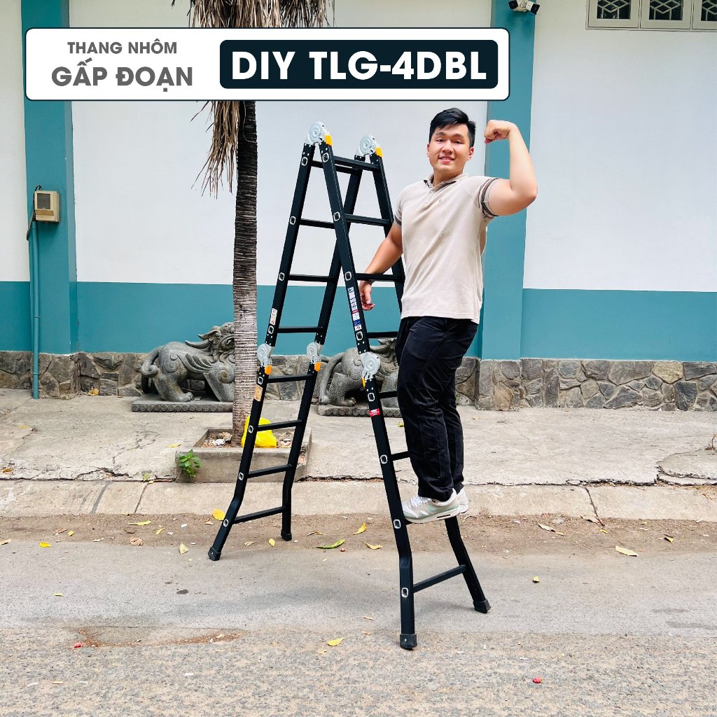 Thang nhôm gấp đoạn cao cấp chân choãi DIY TLG-4DBL chiều cao sử dụng tối đa chữ A 230cm, chữ I 470cm