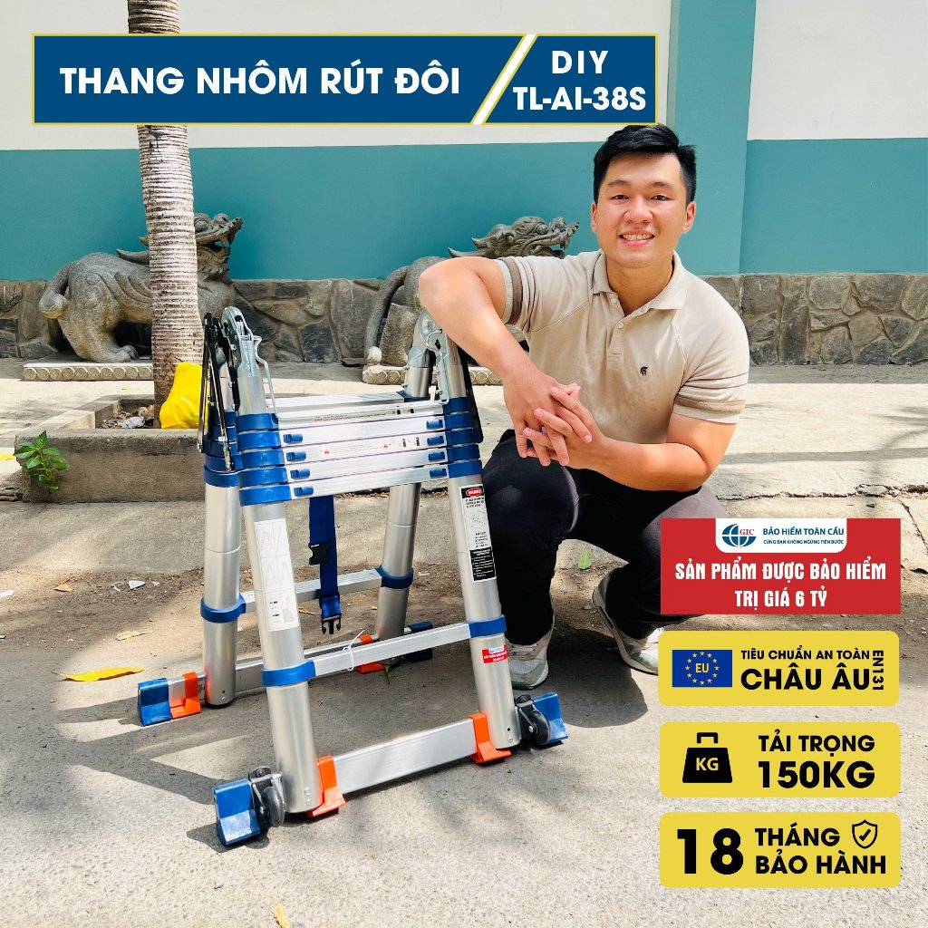 Thang nhôm rút đôi DIY TL-AI-38S chiều cao sử dụng tối đa chữ A 1.8m chữ I 3.8m - Hàng chính hãng - Bảo hành 18 tháng