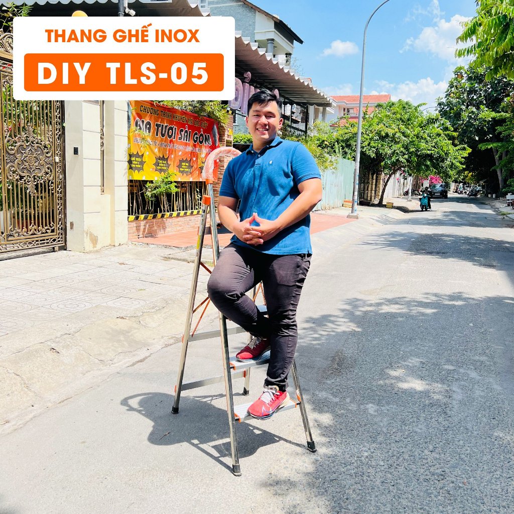 Thang nhôm ghế inox bản to 5 bậc DIY TLS-05 chiều cao sử dụng tối đa 120cm,tải trọng 150kg