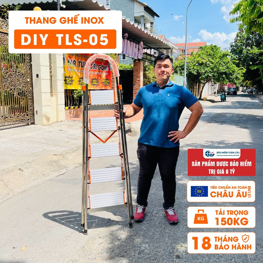 Thang nhôm ghế inox bản to 5 bậc DIY TLS-05 chiều cao sử dụng tối đa 120cm,tải trọng 150kg