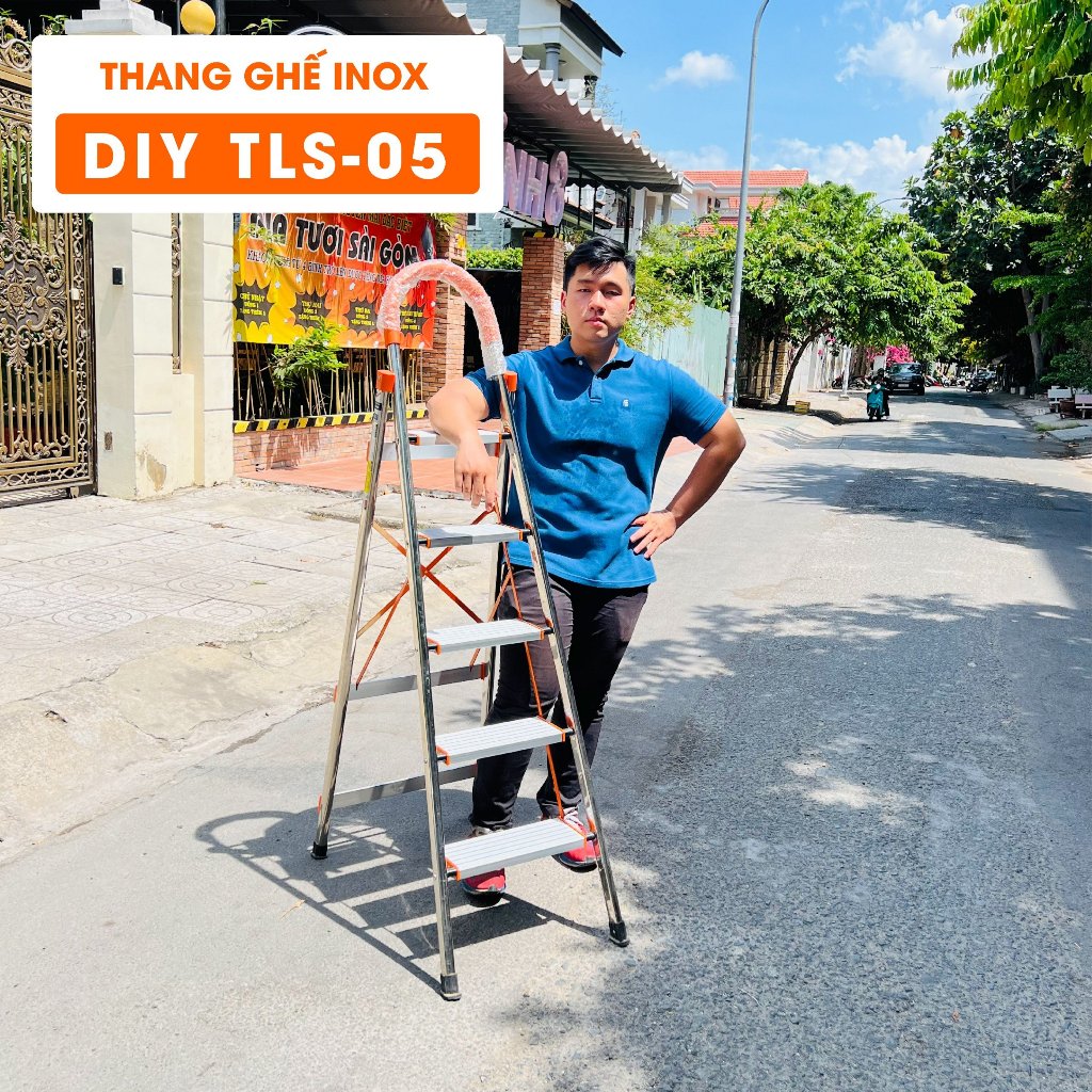 Thang nhôm ghế inox bản to 5 bậc DIY TLS-05 chiều cao sử dụng tối đa 120cm,tải trọng 150kg