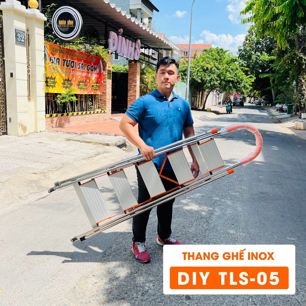 Thang nhôm ghế inox bản to 5 bậc DIY TLS-05 chiều cao sử dụng tối đa 120cm,tải trọng 150kg