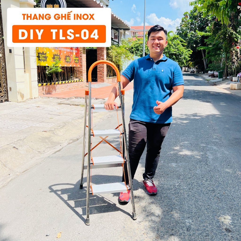 Thang nhôm ghế inox gia đình bản to DIY TLS-04 chiều cao sử dụng tối đa 92cm