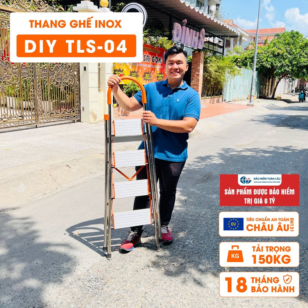 Thang nhôm ghế inox gia đình bản to DIY TLS-04 chiều cao sử dụng tối đa 92cm