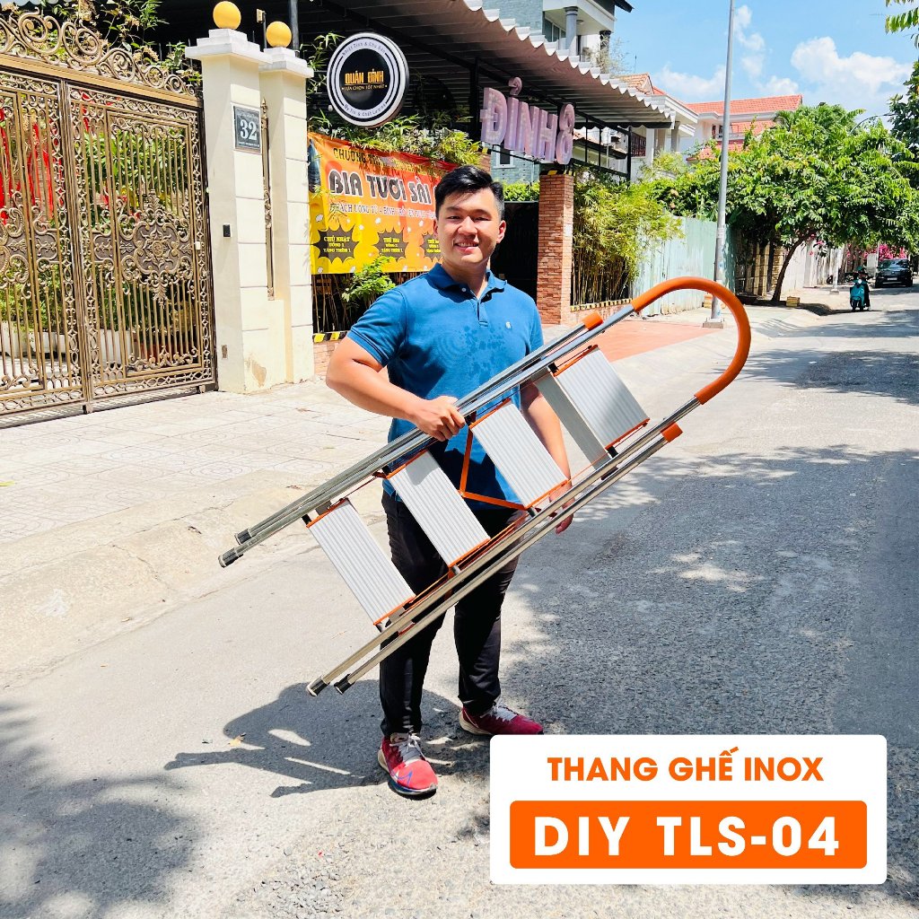 Thang nhôm ghế inox gia đình bản to DIY TLS-04 chiều cao sử dụng tối đa 92cm