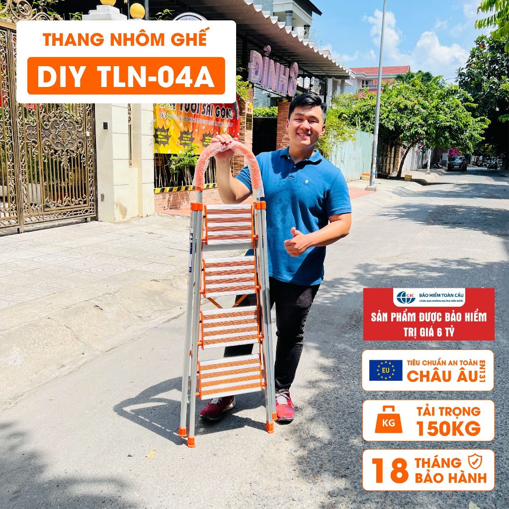 Thang nhôm ghế 4 bậc DIY TLN-04A bản bậc rộng, chiều cao sử dụng 92cm