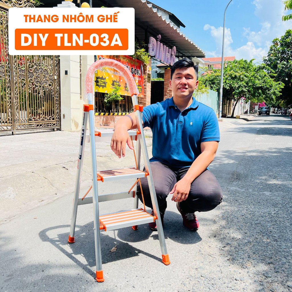 Thang nhôm ghế 3 bậc DIY TLN-03A bản bậc rộng, chiều cao sử dụng 75cm