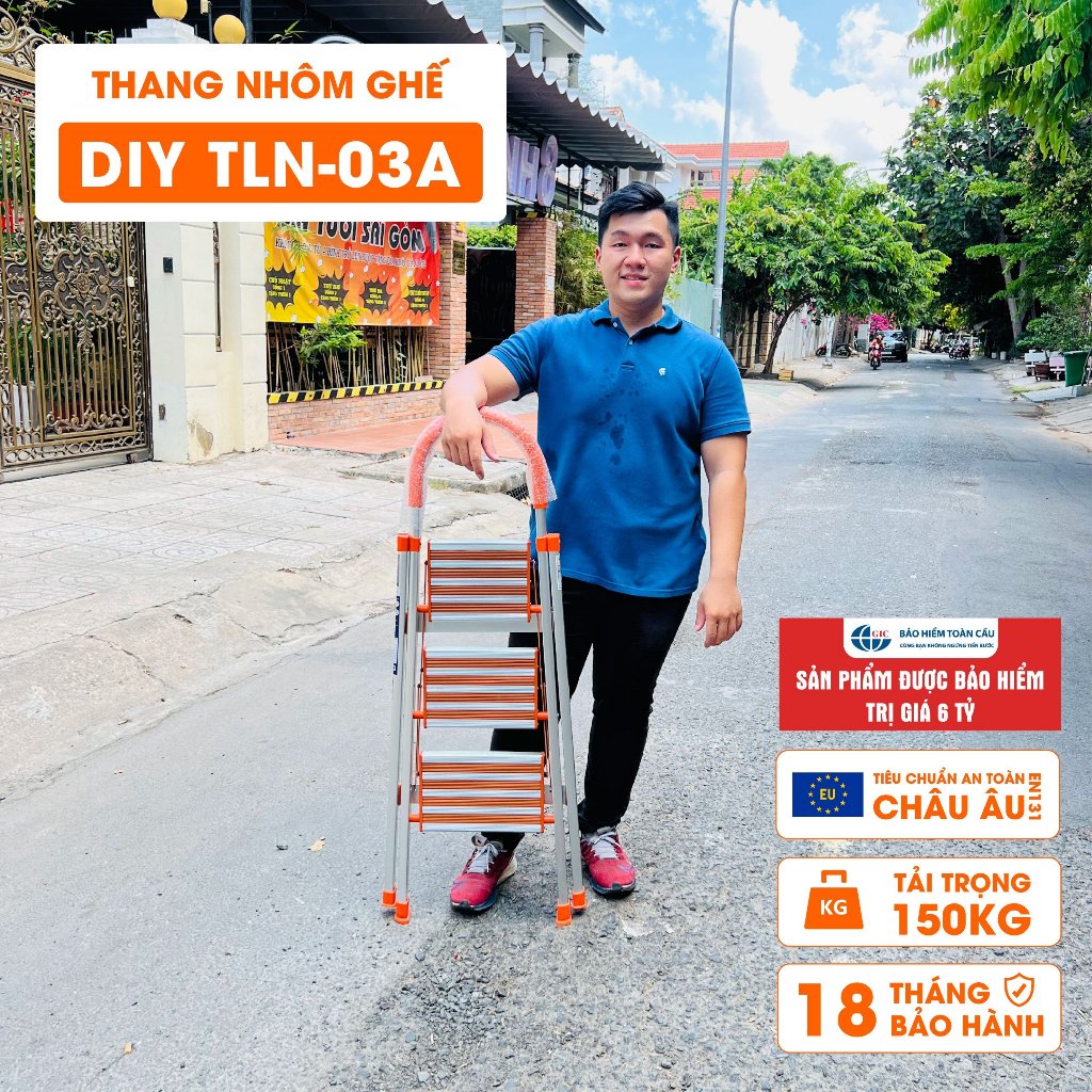 Thang nhôm ghế 3 bậc DIY TLN-03A bản bậc rộng, chiều cao sử dụng 75cm
