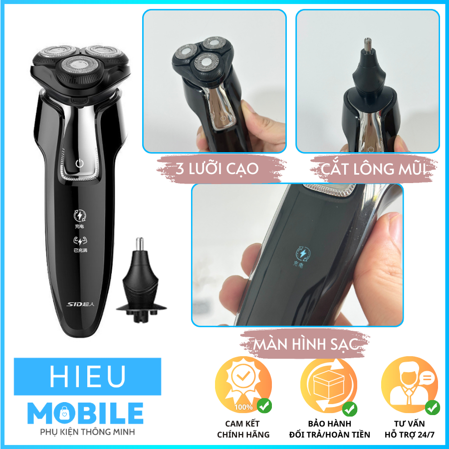 Máy cạo râu SID RS 7360A 3 lưỡi dao kèm đầu cắt lông mũi công suất 10W chống nước iPX7 màn hình LED khi sạc pin