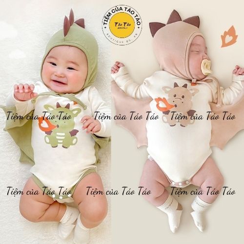 (HÀNG CÓ SẴN) Set Bodysuit Rồng Ngắn Tay, Rồng Hồng, Rồng Xanh TẶNG KÈM MŨ VÀ TẤT cover IKII Hàn Quốc bé trai, bé gái