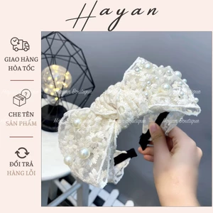 HT007 Băng đô cài tóc ren tiểu thư kết ngọc cao cấp, Bờm tóc thời trang sang chảnh HT007