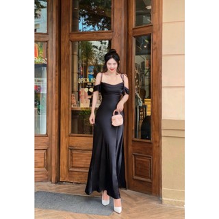 Dạ hội phi lụa cổ đỗ 2 dây sang trọng thanh lịch [ váy nữ thiết kế ] màu đỏ hồng, đen, trắng, xanh lá, tím.M034