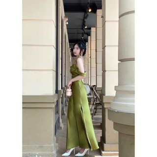 Dạ hội phi lụa cổ đỗ 2 dây sang trọng thanh lịch [ váy nữ thiết kế ] màu đỏ hồng, đen, trắng, xanh lá, tím.M034