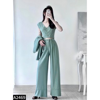 Set bộ nữ 3 món áo vest blazer + áo crotop + quần culottes chất đũi cực sang tây A2469