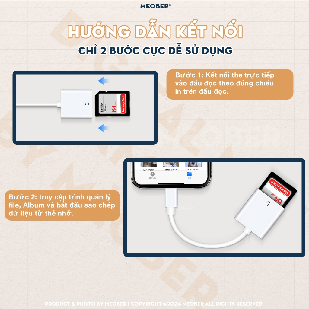 Đầu đọc thẻ nhớ dành cho điện thoại, kết nối USB Type C và Lightning, adapter đọc thẻ SD, MicroSD by MèoBer