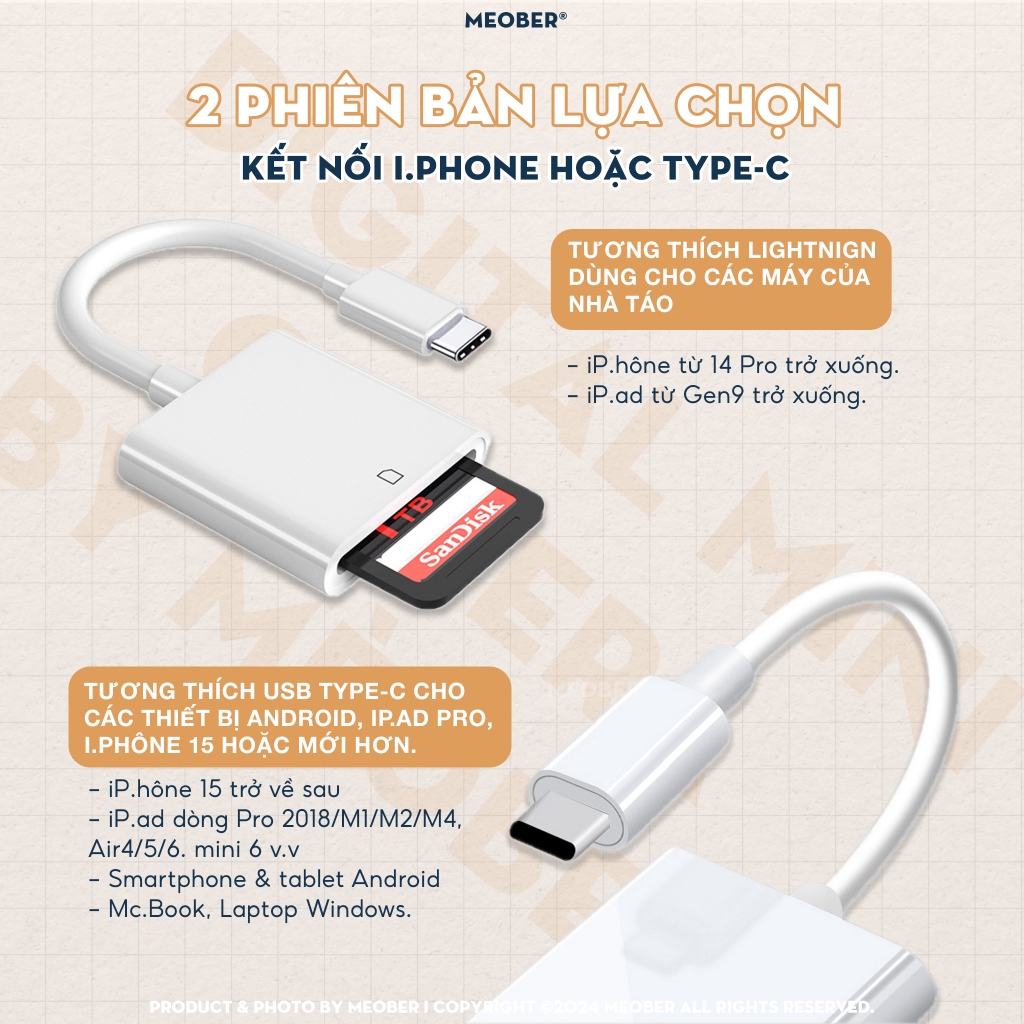 Đầu đọc thẻ nhớ dành cho điện thoại, kết nối USB Type C và Lightning, adapter đọc thẻ SD, MicroSD by MèoBer