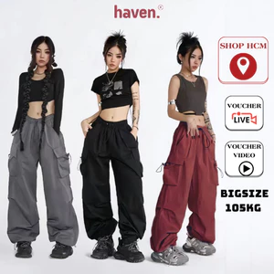Quần túi hộp nữ Haven ống rộng vải kaki có dây rút màu đen, đỏ, trắng form rộng oversize bigsize