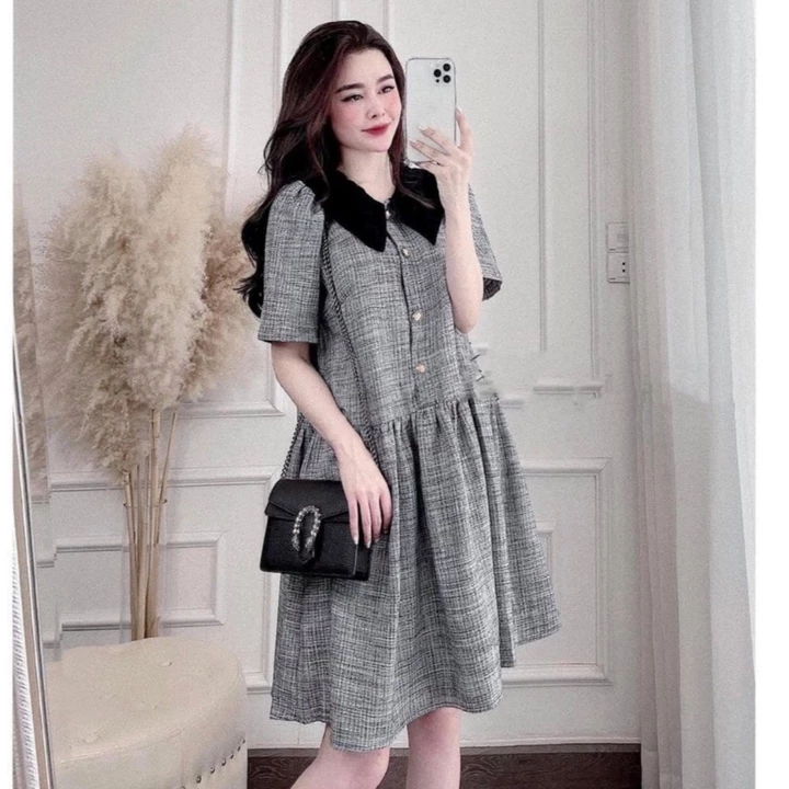 Váy Bầu V41 Thiết kế cổ đen chất vải dạ dày dặn,váy dạ phối váy đuôi cá dài dày dặn mềm mịn,phù hợp đi làm đi chơi