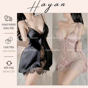 HT216 Váy ngủ sexy xẻ trước ren xuyên thấu kèm ĐỆM LÓT, đồ ngủ lụa xẻ ngực tôn dáng HT216 MÚT