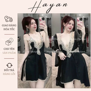 HT413 Set váy ngủ và áo choàng phối ren xẻ ngực tôn dáng, đồ ngủ lụa mặc nhà gợi cảm HT413(64+246)