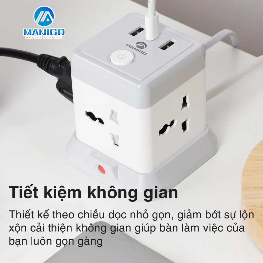 Ảnh Ổ cắm điện Manigo nhiều ổ cắm 2 cổng USB TypeC công suất 2500W dây dài 2.5m tự ngắt áp BH 18 Tháng 2