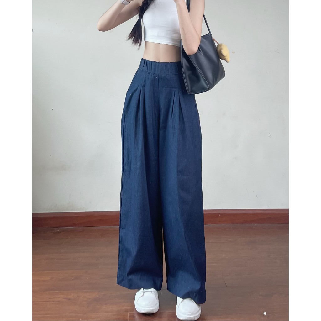 Ảnh Quần jean giấy (quần giả bò) cạp chun ống suông rộng EMIX Quangiabo064/P6K4 1