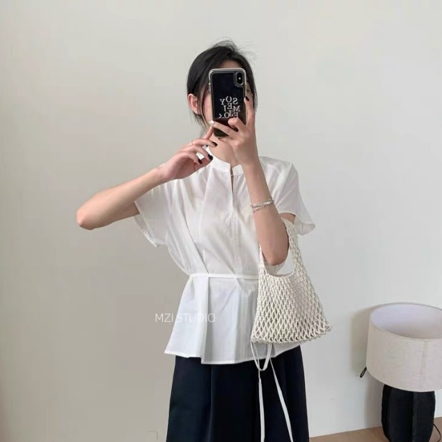 áo sơ mi nữ cộc tay Lovito thiết kế cổ tàu ,  áo sơ nữ cổ đứng kèm dây buộc eo thắt nơ tiểu thư thanh lịch (A142)