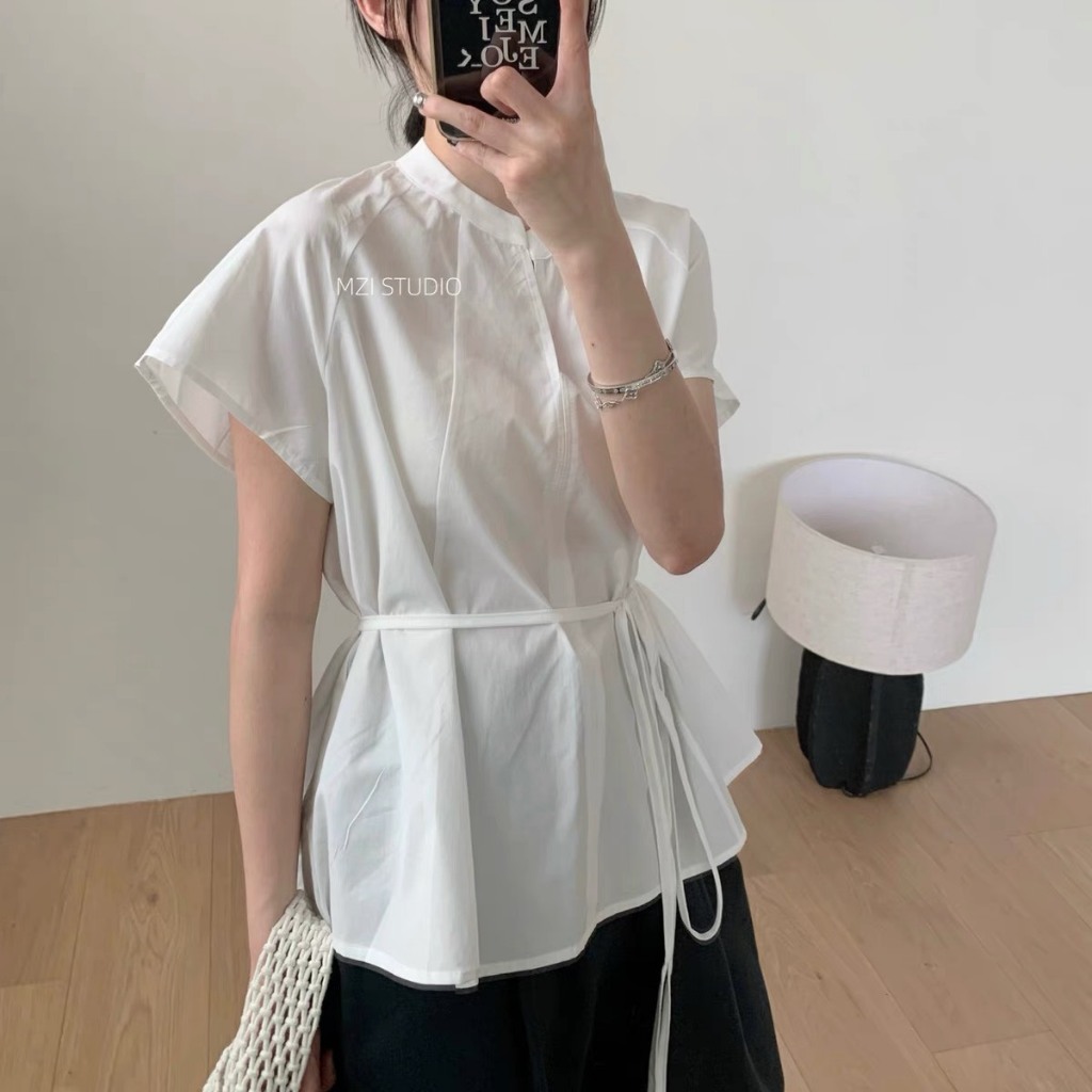 áo sơ mi nữ cộc tay Lovito thiết kế cổ tàu ,  áo sơ nữ cổ đứng kèm dây buộc eo thắt nơ tiểu thư thanh lịch (A142)