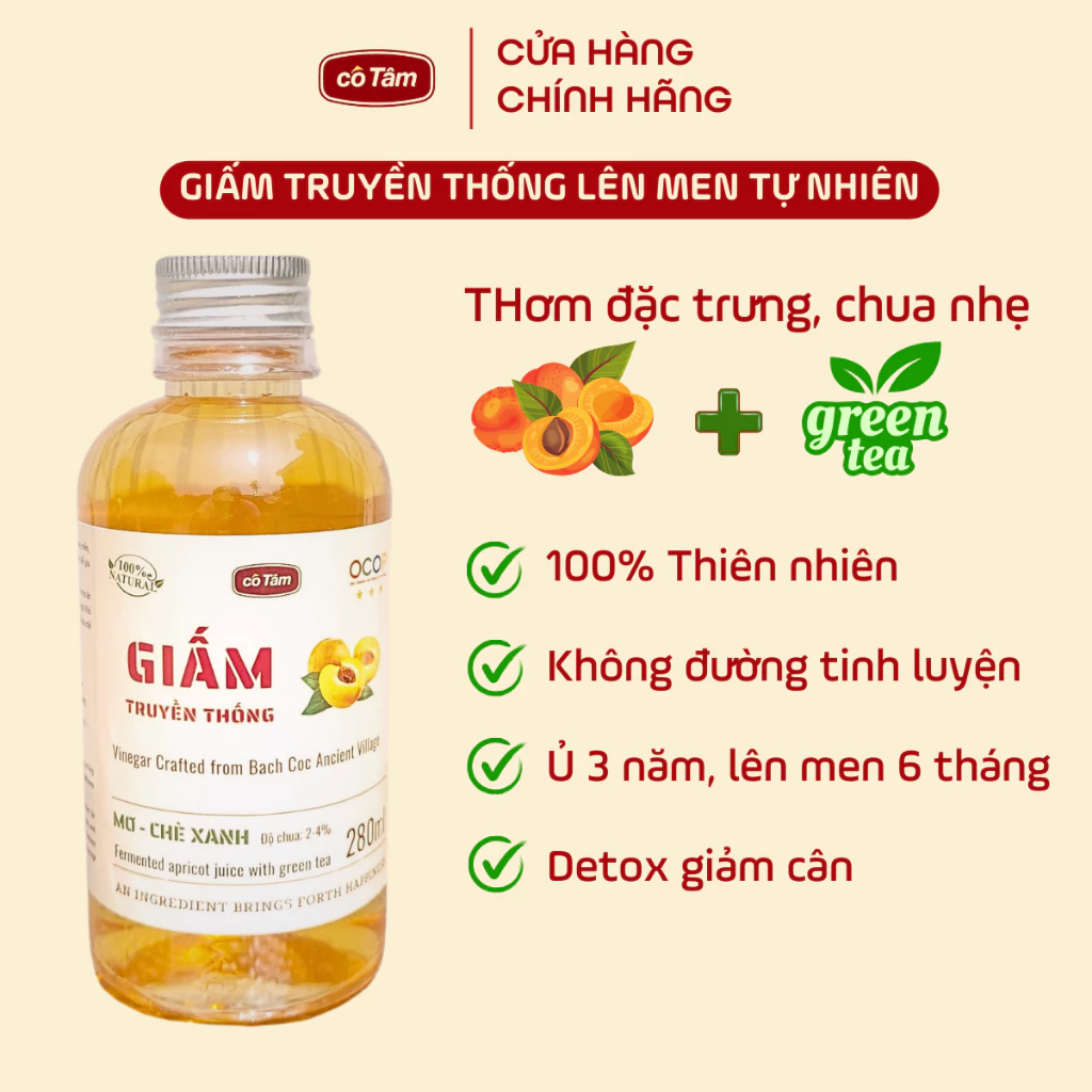 Giấm mơ Cô Tâm, lên men chậm, thơm đặc trưng chua nhẹ