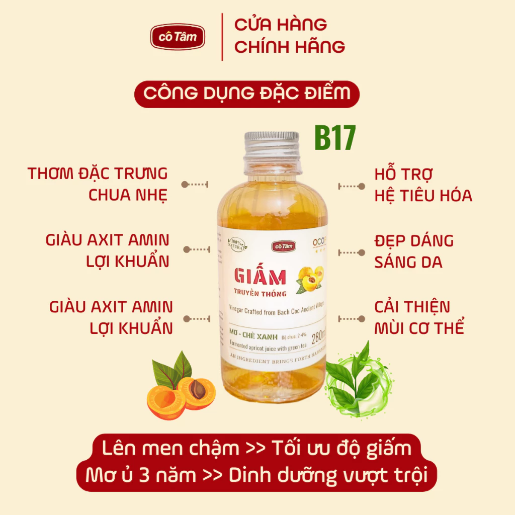 Giấm mơ Cô Tâm 280ml, lên men chậm, thơm đặc trưng chua nhẹ