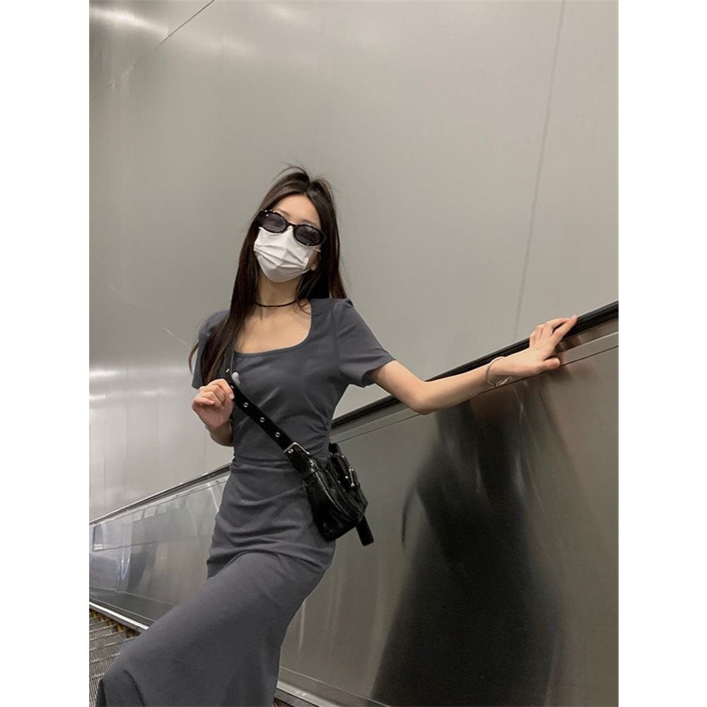 Váy đầm maxi nữ cộc tay thiết kế dáng dài nhún eo body hack dáng trendy chất liệu thun co giãn SP154