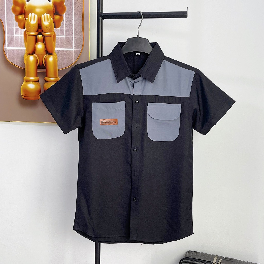 [Max SMh.18] Áo Sơ Mi Nam phối vải, ngắn Tay, Vải cotton, co dãn nhẹ, độ dày vừa phải Menswear Top