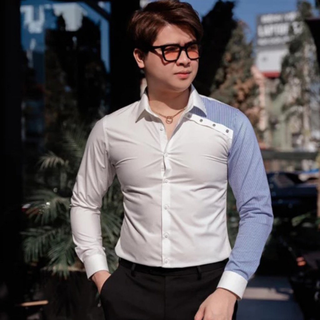 Áo sơ mi nam tay dài phối rắn quấn tay, chất vải lụa mềm mịn thoáng mát phong cách trẻ trung năng động
