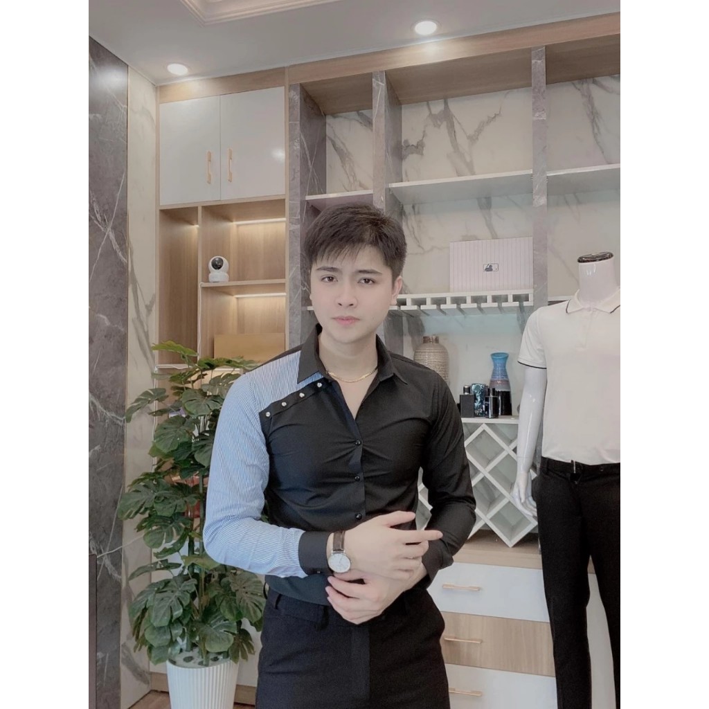 Áo sơ mi nam tay dài phối rắn quấn tay, chất vải lụa mềm mịn thoáng mát phong cách trẻ trung năng động