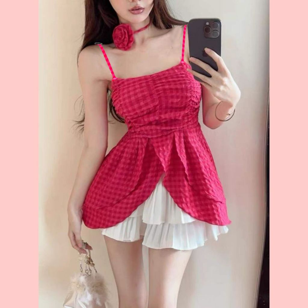 Áo hai dây nữ xòe 2 tầng có hoa cài cổ ROSE KEHOG504 Sicily