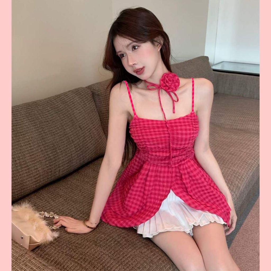 Áo hai dây nữ xòe 2 tầng có hoa cài cổ ROSE KEHOG504 Sicily
