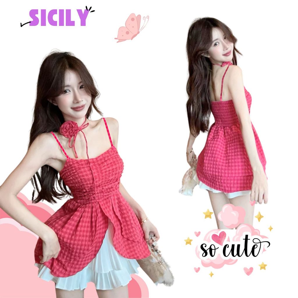 Áo hai dây nữ xòe 2 tầng có hoa cài cổ ROSE KEHOG504 Sicily